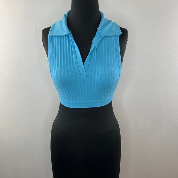 Out From Under Urban Outfitters Sleeveless Crop Top Blue Ribbed Collared Sz M/L - Picture 2 of 8